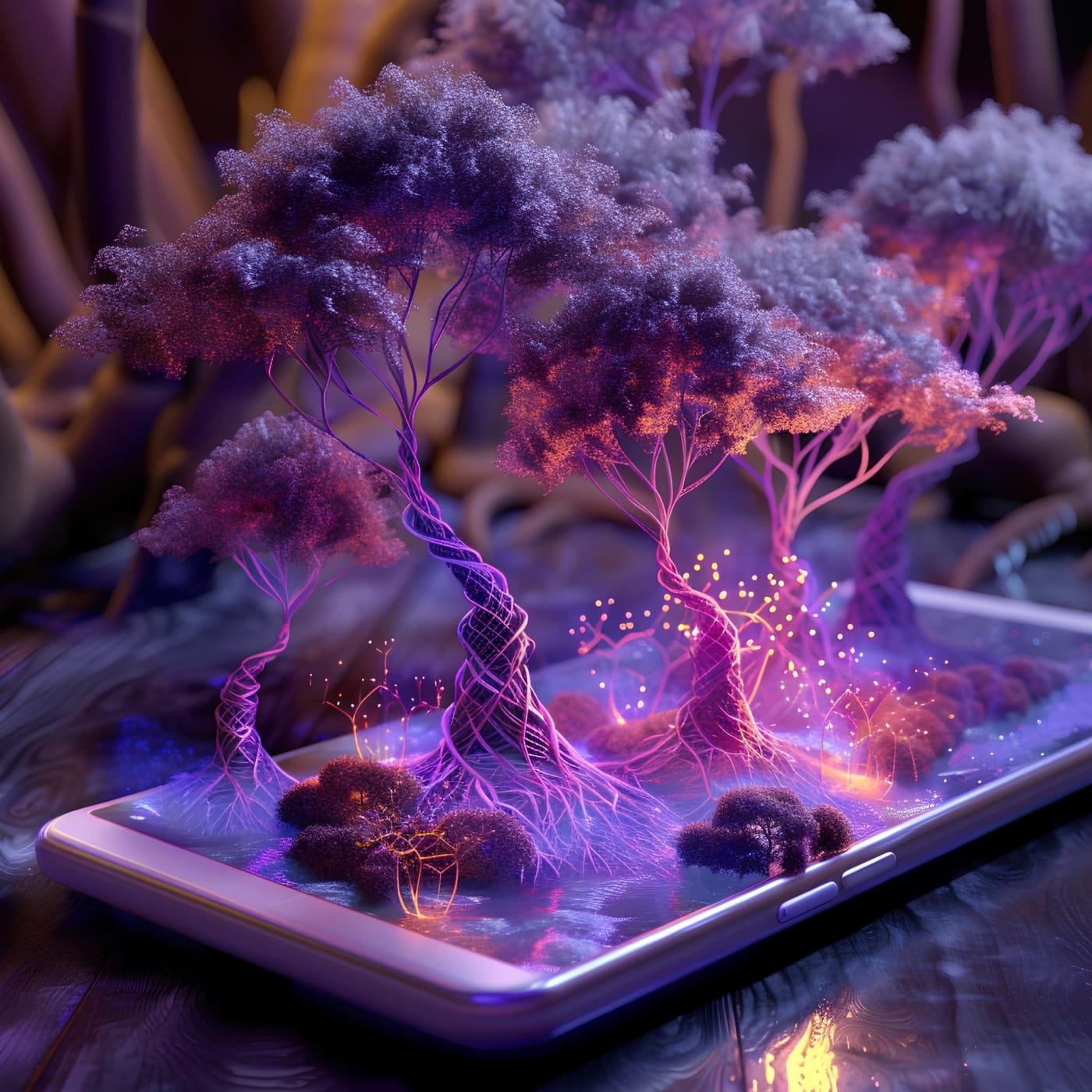 Multiple grown trees over a cellphone in dark glowing forest environment
